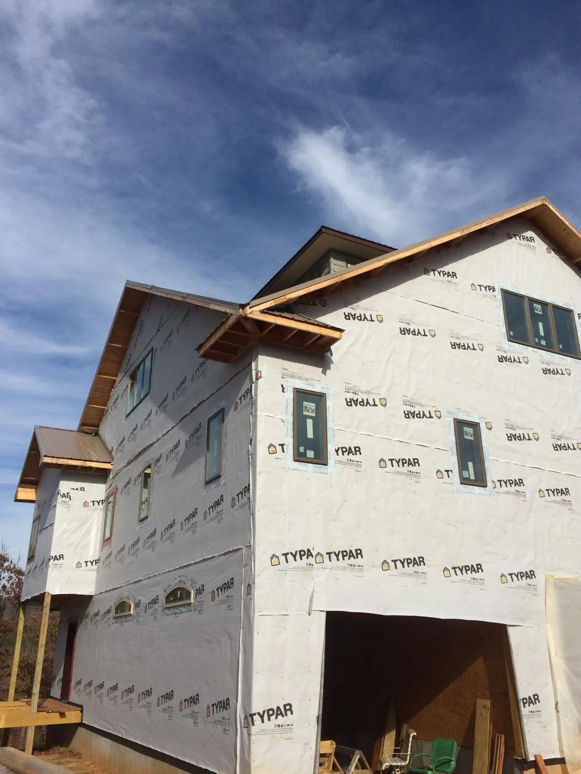 Stick built house wrapped in Typar with new roof framing and dormers in Osceola Mills